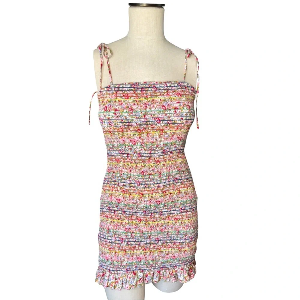 Storia Rainbow Floral Smocked Ruffle Bodycon Spaghetti Tie Strap Mini Dress Sz S